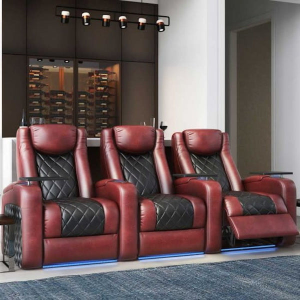 Monaco Home Theater Seating Italian Leather All Black Or Black/Red As Shown Quickship Option